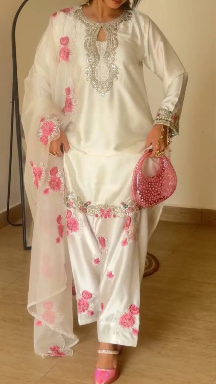 PREMIUM WHITE PINK EMBROIDERED FARSHI SUIT SET WITH DUPATTA | WHOLESALE AT GEELAN FASHION SURAT