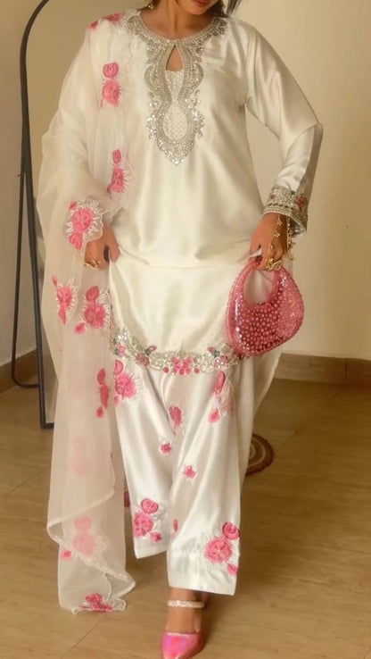 PREMIUM WHITE PINK EMBROIDERED FARSHI SUIT SET WITH DUPATTA | WHOLESALE AT GEELAN FASHION SURAT