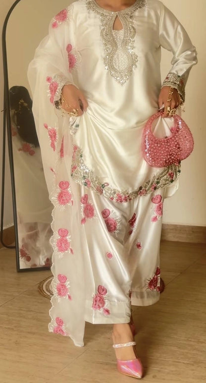 PREMIUM WHITE PINK EMBROIDERED FARSHI SUIT SET WITH DUPATTA | WHOLESALE AT GEELAN FASHION SURAT
