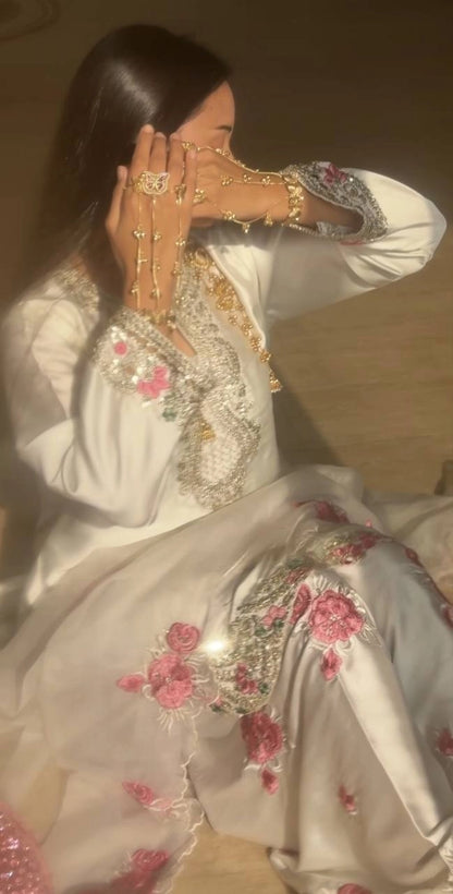 PREMIUM WHITE PINK EMBROIDERED FARSHI SUIT SET WITH DUPATTA | WHOLESALE AT GEELAN FASHION SURAT