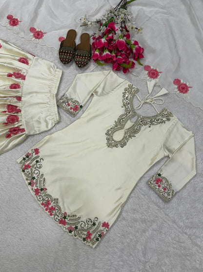 PREMIUM WHITE PINK EMBROIDERED FARSHI SUIT SET WITH DUPATTA | WHOLESALE AT GEELAN FASHION SURAT
