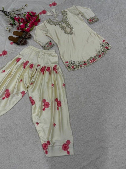 PREMIUM WHITE PINK EMBROIDERED FARSHI SUIT SET WITH DUPATTA | WHOLESALE AT GEELAN FASHION SURAT