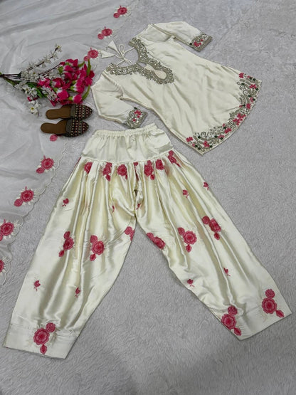 PREMIUM WHITE PINK EMBROIDERED FARSHI SUIT SET WITH DUPATTA | WHOLESALE AT GEELAN FASHION SURAT