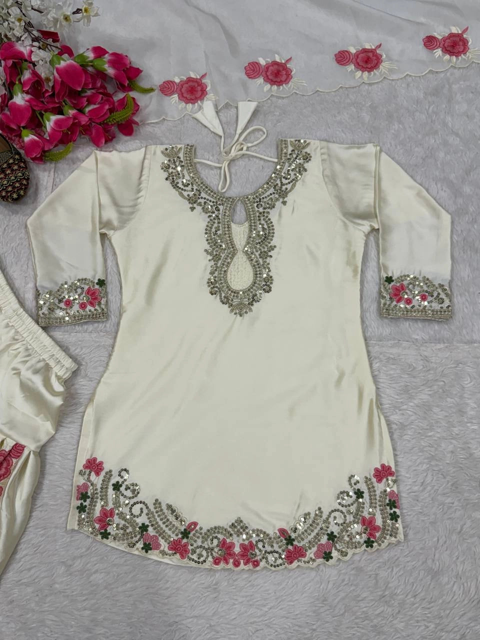 PREMIUM WHITE PINK EMBROIDERED FARSHI SUIT SET WITH DUPATTA | WHOLESALE AT GEELAN FASHION SURAT