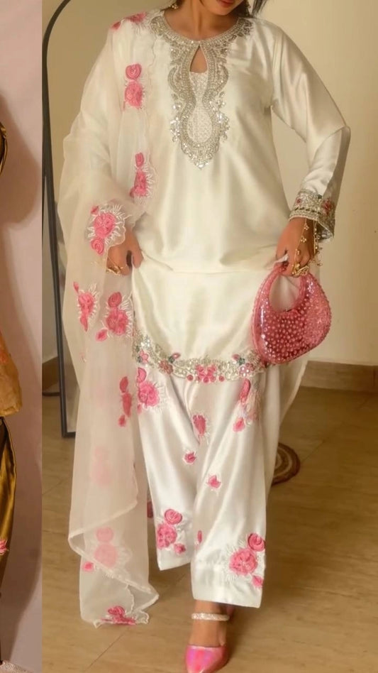 PREMIUM WHITE PINK EMBROIDERED FARSHI SUIT SET WITH DUPATTA | WHOLESALE AT GEELAN FASHION SURAT