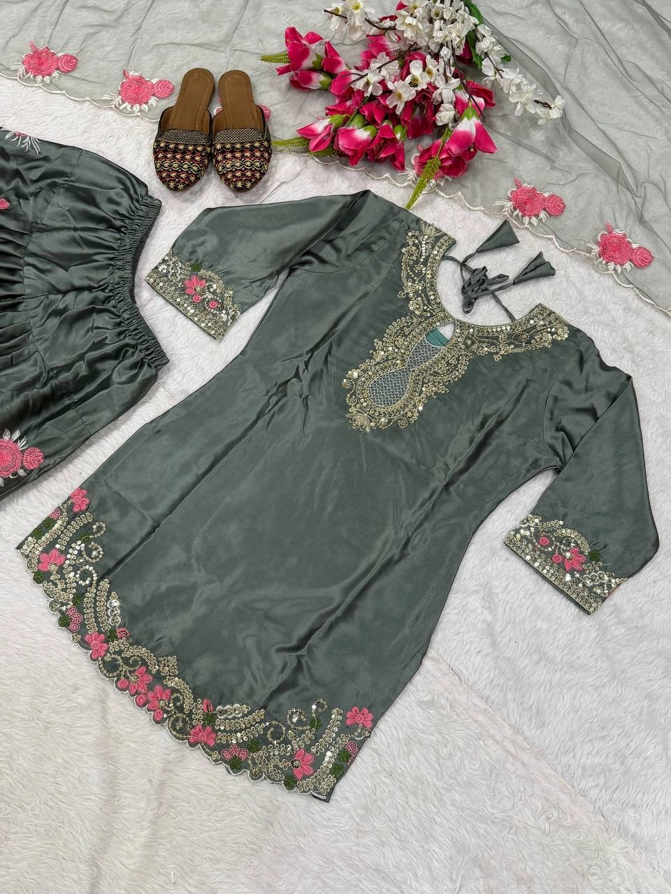 PREMIUM WHITE PINK EMBROIDERED FARSHI SUIT SET WITH DUPATTA | WHOLESALE AT GEELAN FASHION SURAT