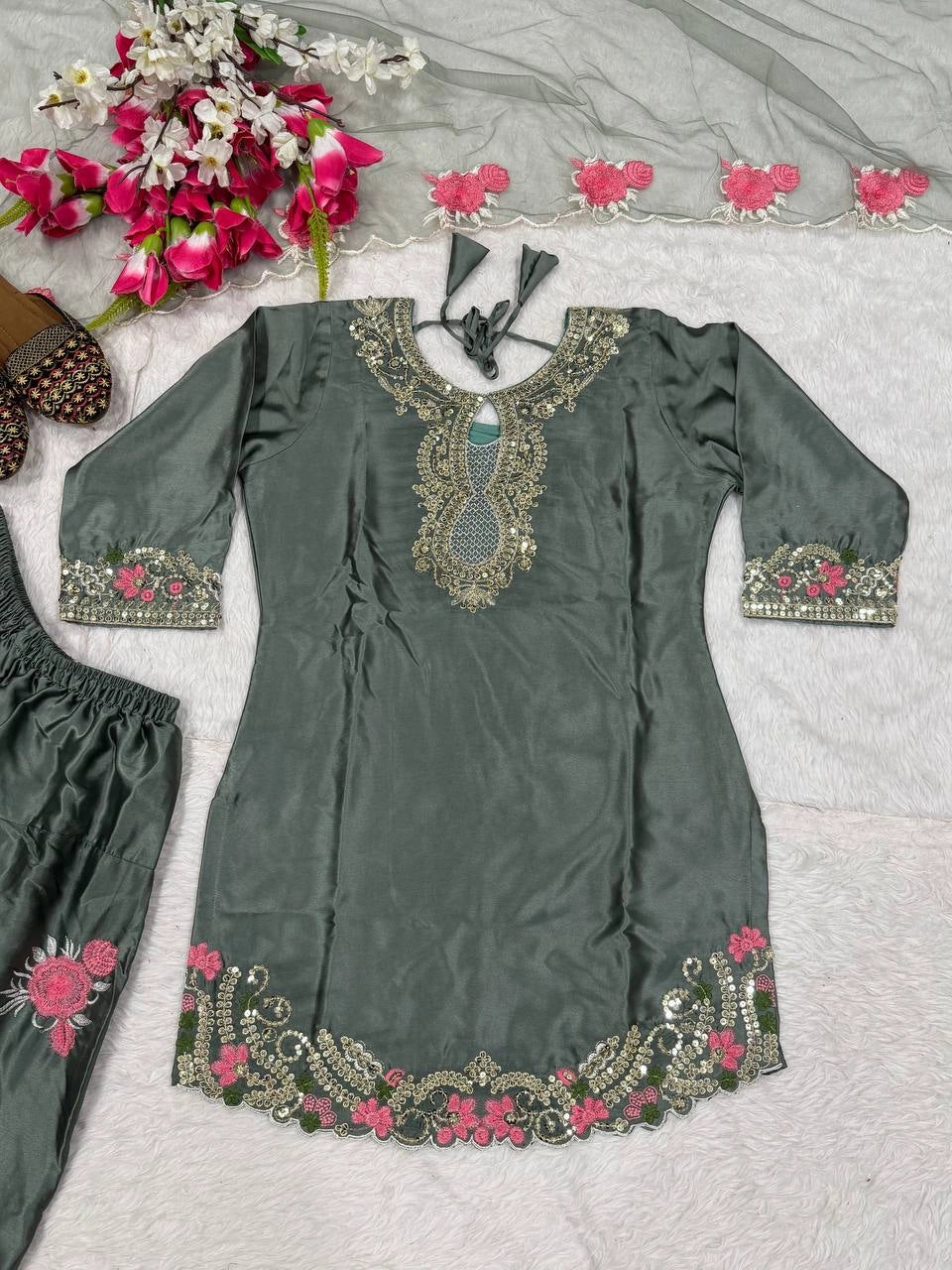 PREMIUM WHITE PINK EMBROIDERED FARSHI SUIT SET WITH DUPATTA | WHOLESALE AT GEELAN FASHION SURAT