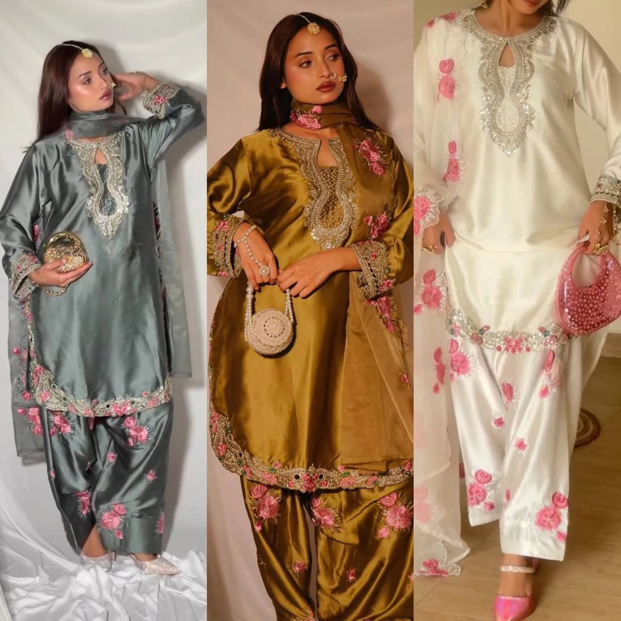 PREMIUM WHITE PINK EMBROIDERED FARSHI SUIT SET WITH DUPATTA | WHOLESALE AT GEELAN FASHION SURAT