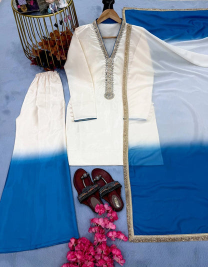 PREMIUM WHITE DOUBLE COLOUR EMBROIDERY READYMADE PAKISTANI SUITS WHOLESALE RATE AT GEELAN FASHION SURAT