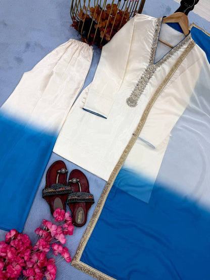 PREMIUM WHITE DOUBLE COLOUR EMBROIDERY READYMADE PAKISTANI SUITS WHOLESALE RATE AT GEELAN FASHION SURAT
