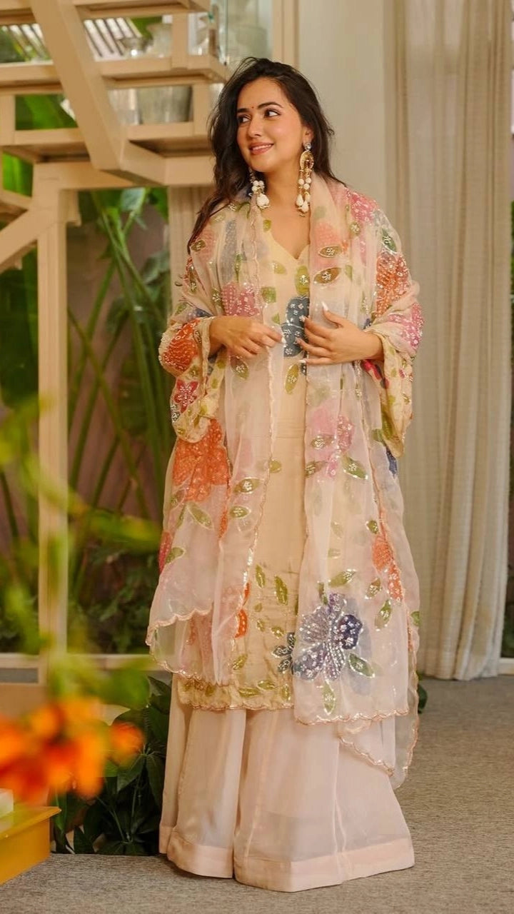 LAUNCHING NEW DESGINER PARTY WEAR VIRAL ORGANZA SHALWAR SUIT BRUSH PRINT WITH INTRICATE SEQUENCE WORK WHOLESALE RATE AT GEELAN FASHION SURAT
