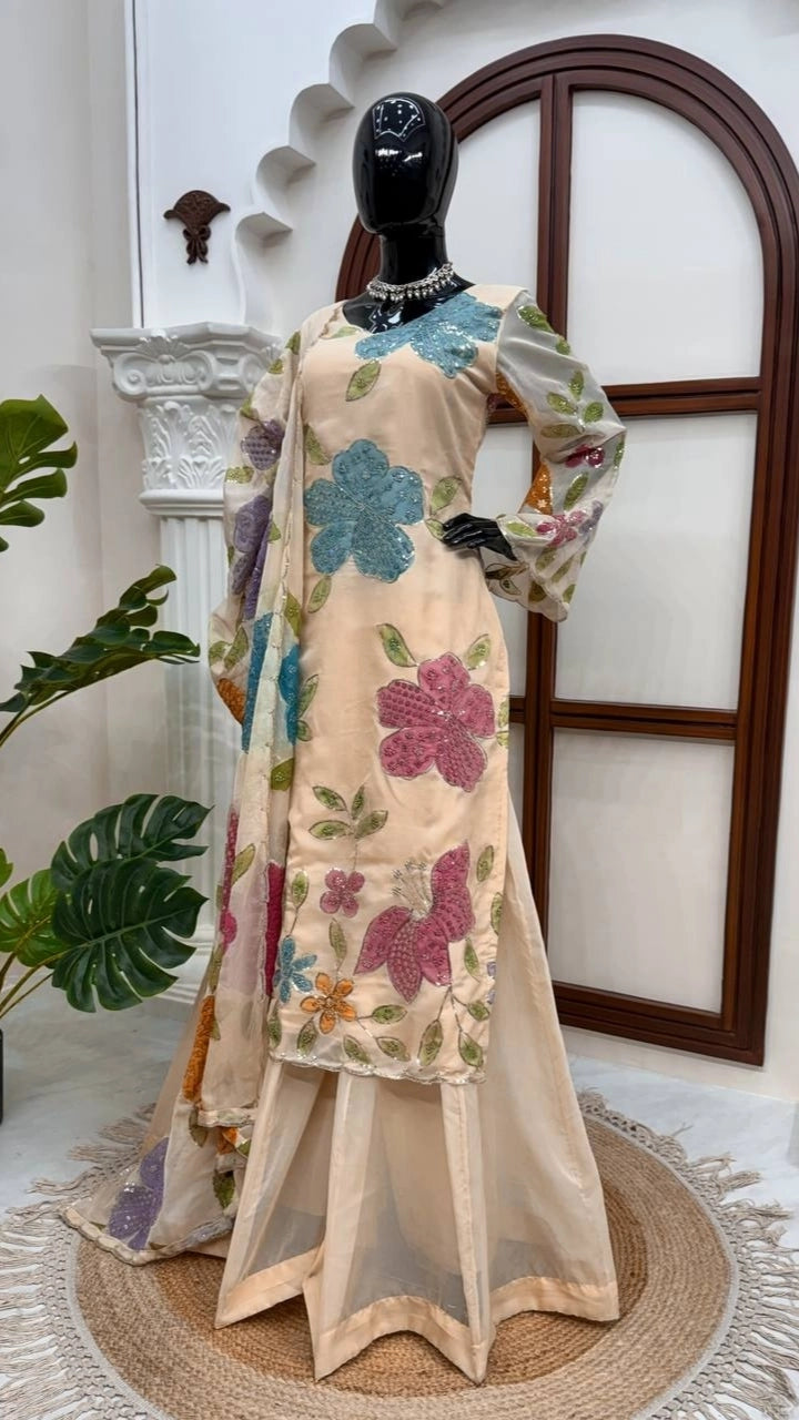 LAUNCHING NEW DESGINER PARTY WEAR VIRAL ORGANZA SHALWAR SUIT BRUSH PRINT WITH INTRICATE SEQUENCE WORK WHOLESALE RATE AT GEELAN FASHION SURAT