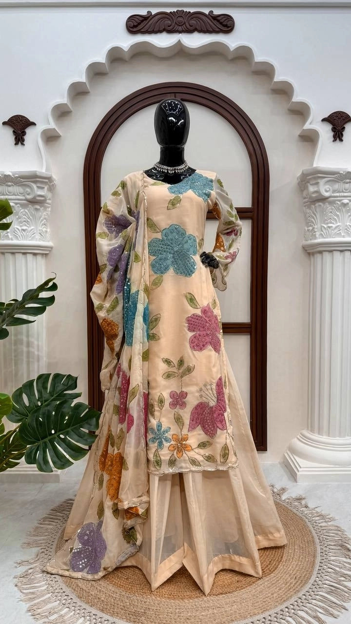 LAUNCHING NEW DESGINER PARTY WEAR VIRAL ORGANZA SHALWAR SUIT BRUSH PRINT WITH INTRICATE SEQUENCE WORK WHOLESALE RATE AT GEELAN FASHION SURAT