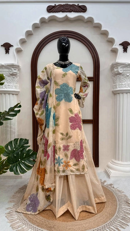 LAUNCHING NEW DESGINER PARTY WEAR VIRAL ORGANZA SHALWAR SUIT BRUSH PRINT WITH INTRICATE SEQUENCE WORK WHOLESALE RATE AT GEELAN FASHION SURAT