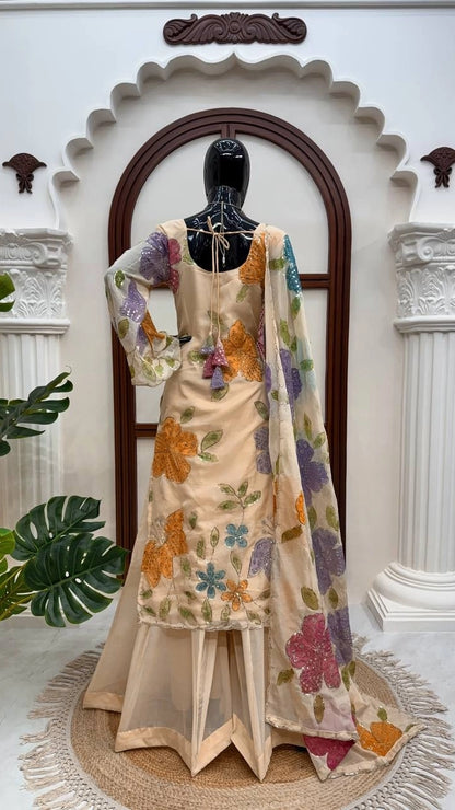 LAUNCHING NEW DESGINER PARTY WEAR VIRAL ORGANZA SHALWAR SUIT BRUSH PRINT WITH INTRICATE SEQUENCE WORK WHOLESALE RATE AT GEELAN FASHION SURAT