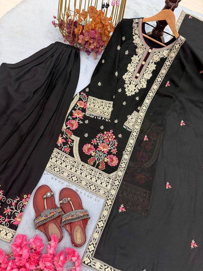 BLACK PAKISTANI PARTY WEAR SUIT SET FOR WOMEN | DESIGNER EMBROIDERED PALAZZO SUIT WITH DUPATTA | GEELAN FASHION