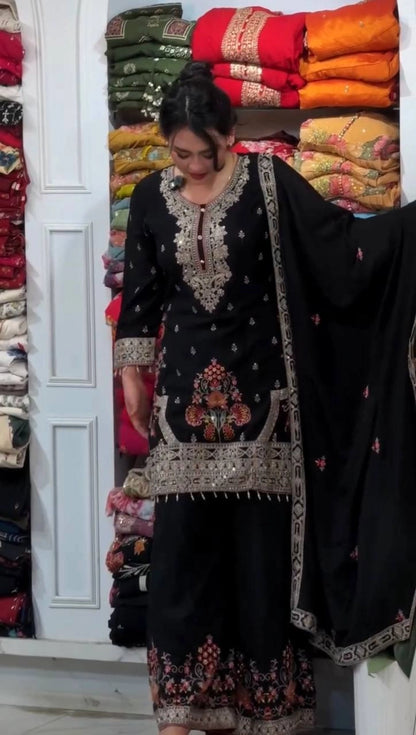 BLACK PAKISTANI PARTY WEAR SUIT SET FOR WOMEN | DESIGNER EMBROIDERED PALAZZO SUIT WITH DUPATTA | GEELAN FASHION