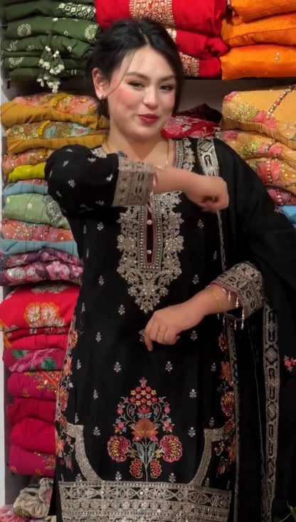 BLACK PAKISTANI PARTY WEAR SUIT SET FOR WOMEN | DESIGNER EMBROIDERED PALAZZO SUIT WITH DUPATTA | GEELAN FASHION