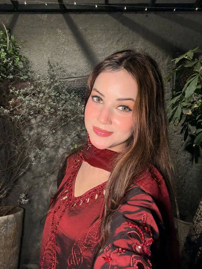 PREMIUM DESIGNER MAROON EMBROIDERED ORGANZA PAKISTANI SUIT WITH ORGANZA DUPATTA | GEELAN FASHION