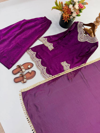 PREMIUM PURPLE FESTIVE WEAR PAKISTANI SUIT WITH HEAVY NECK EMBROIDERY