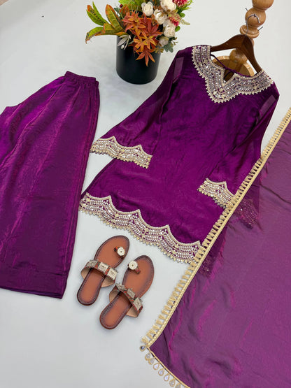 PREMIUM PURPLE FESTIVE WEAR PAKISTANI SUIT WITH HEAVY NECK EMBROIDERY