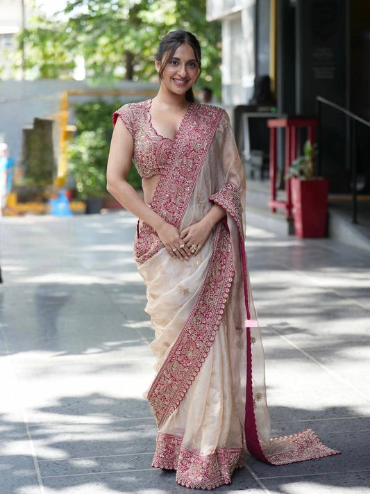 BEAUTIFUL PREMIUM SOFT ORGANZA SILK SAREE WITH SEQUENCE AND DORI EMBROIDERY WHOLESALE PRICE AT GEELAN FASHION SURAT
