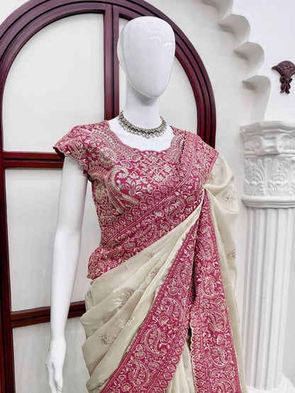 BEAUTIFUL PREMIUM SOFT ORGANZA SILK SAREE WITH SEQUENCE AND DORI EMBROIDERY WHOLESALE PRICE AT GEELAN FASHION SURAT
