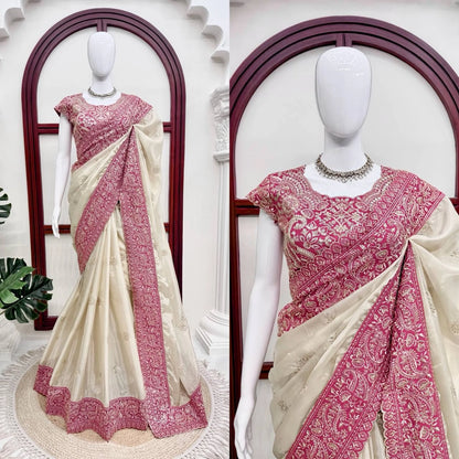 BEAUTIFUL PREMIUM SOFT ORGANZA SILK SAREE WITH SEQUENCE AND DORI EMBROIDERY WHOLESALE PRICE AT GEELAN FASHION SURAT