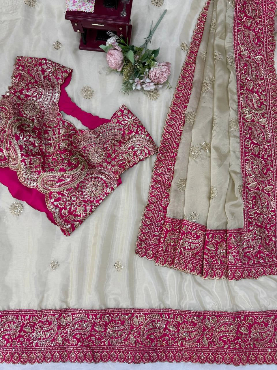 BEAUTIFUL PREMIUM SOFT ORGANZA SILK SAREE WITH SEQUENCE AND DORI EMBROIDERY WHOLESALE PRICE AT GEELAN FASHION SURAT