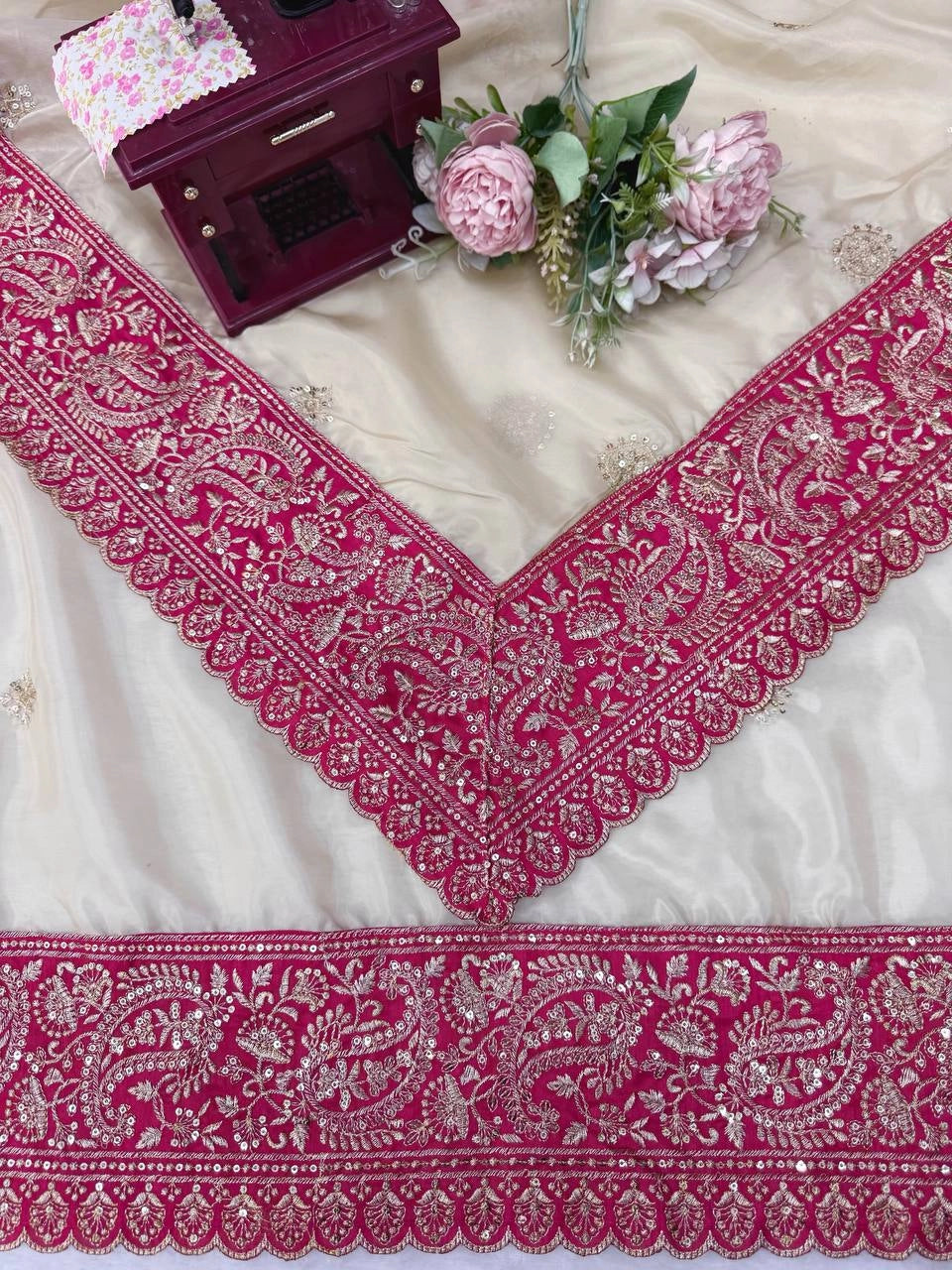 BEAUTIFUL PREMIUM SOFT ORGANZA SILK SAREE WITH SEQUENCE AND DORI EMBROIDERY WHOLESALE PRICE AT GEELAN FASHION SURAT