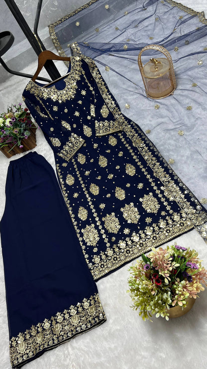 PRESENTING 3 PIECE STYLISH KURTI DUPATTA WITH BEAUTIFUL PLAZZO WHOLESALE PRICE AT GEELAN FASHION SURAT