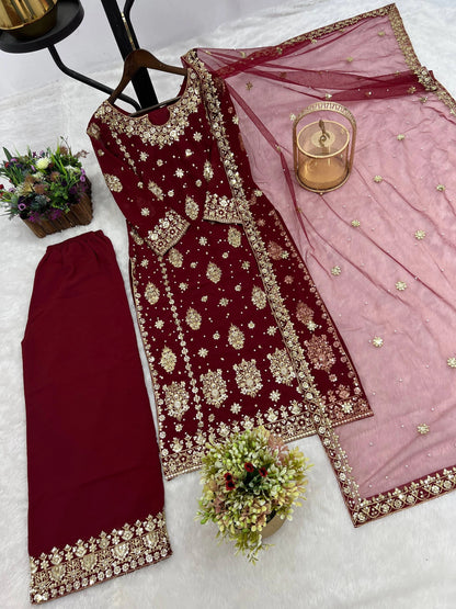 PRESENTING 3 PIECE STYLISH KURTI DUPATTA WITH BEAUTIFUL PLAZZO WHOLESALE PRICE AT GEELAN FASHION SURAT