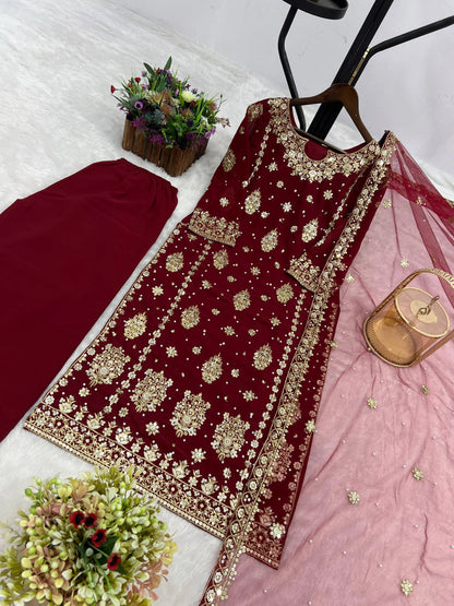 PRESENTING 3 PIECE STYLISH KURTI DUPATTA WITH BEAUTIFUL PLAZZO WHOLESALE PRICE AT GEELAN FASHION SURAT
