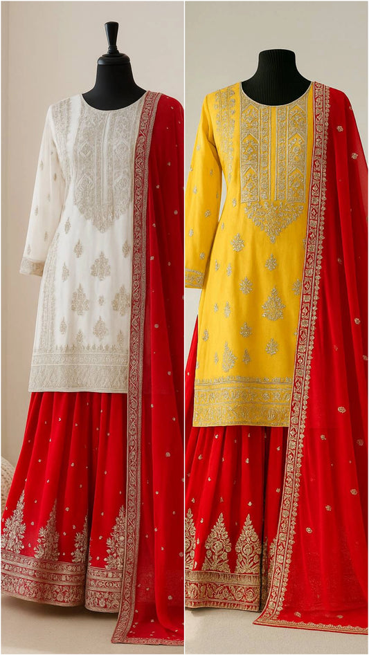 DESIGNER WHITE & YELLOW KURTA SHARARA SET WITH RED DUPATTA | LUXURY EMBROIDERED SUIT FOR WOMEN | WEDDING & FESTIVE COLLECTION