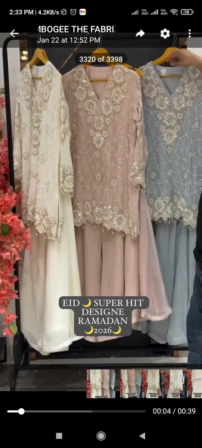 EID EXCLUSIVE AND TRENDY FOR WEDDING SEASON OUR SEQUENCE EMBROIDERY WORKED TOP, PLAZZO AND DUPATTA