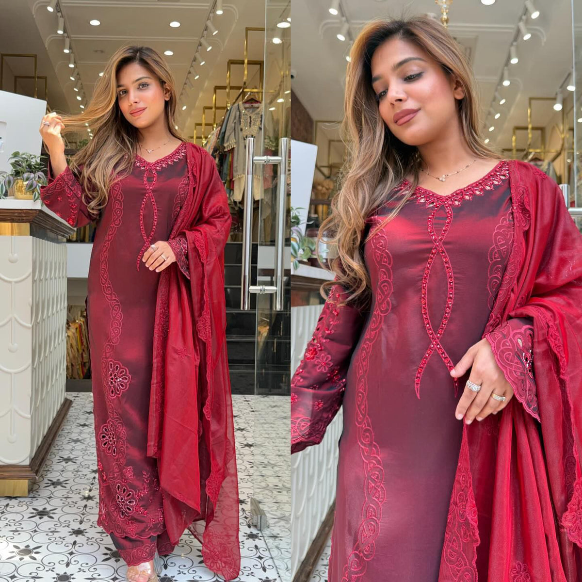 HIS WEDDING SEASON WEAR PAKISTANI SUIT WITH SEQUENCE EMBROIDERED AND CUT WORKED TOP, PLAZZO AND DUPATTA WHOLESALE GEELAN FASHION SURAT