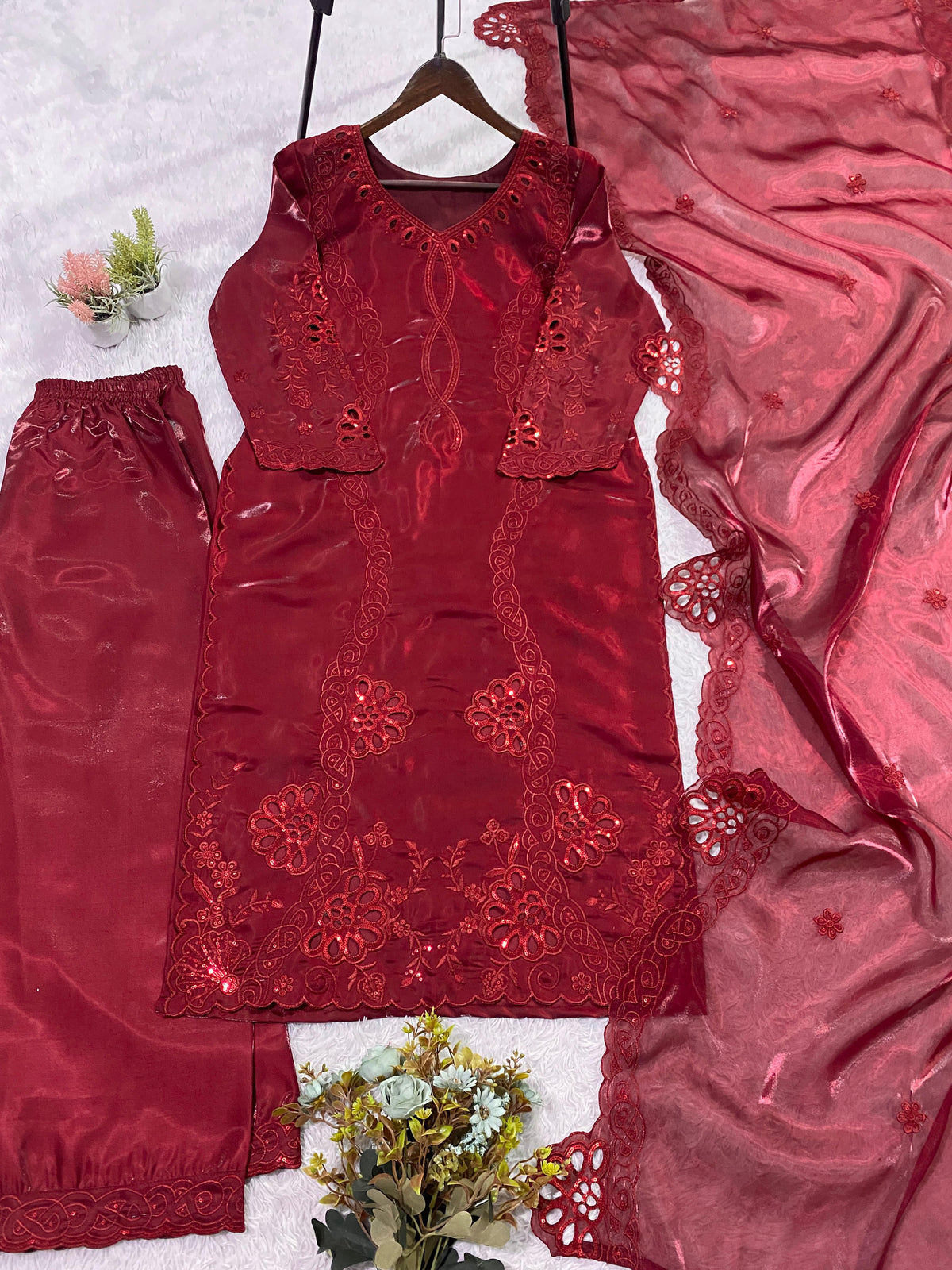 HIS WEDDING SEASON WEAR PAKISTANI SUIT WITH SEQUENCE EMBROIDERED AND CUT WORKED TOP, PLAZZO AND DUPATTA WHOLESALE GEELAN FASHION SURAT