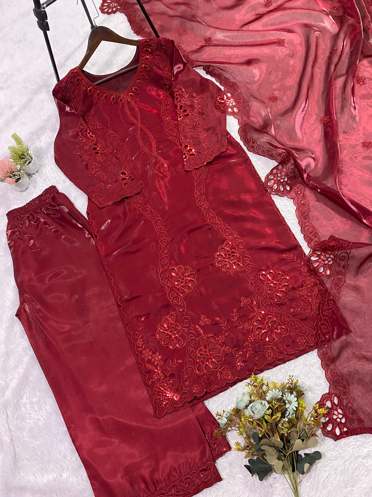 HIS WEDDING SEASON WEAR PAKISTANI SUIT WITH SEQUENCE EMBROIDERED AND CUT WORKED TOP, PLAZZO AND DUPATTA WHOLESALE GEELAN FASHION SURAT