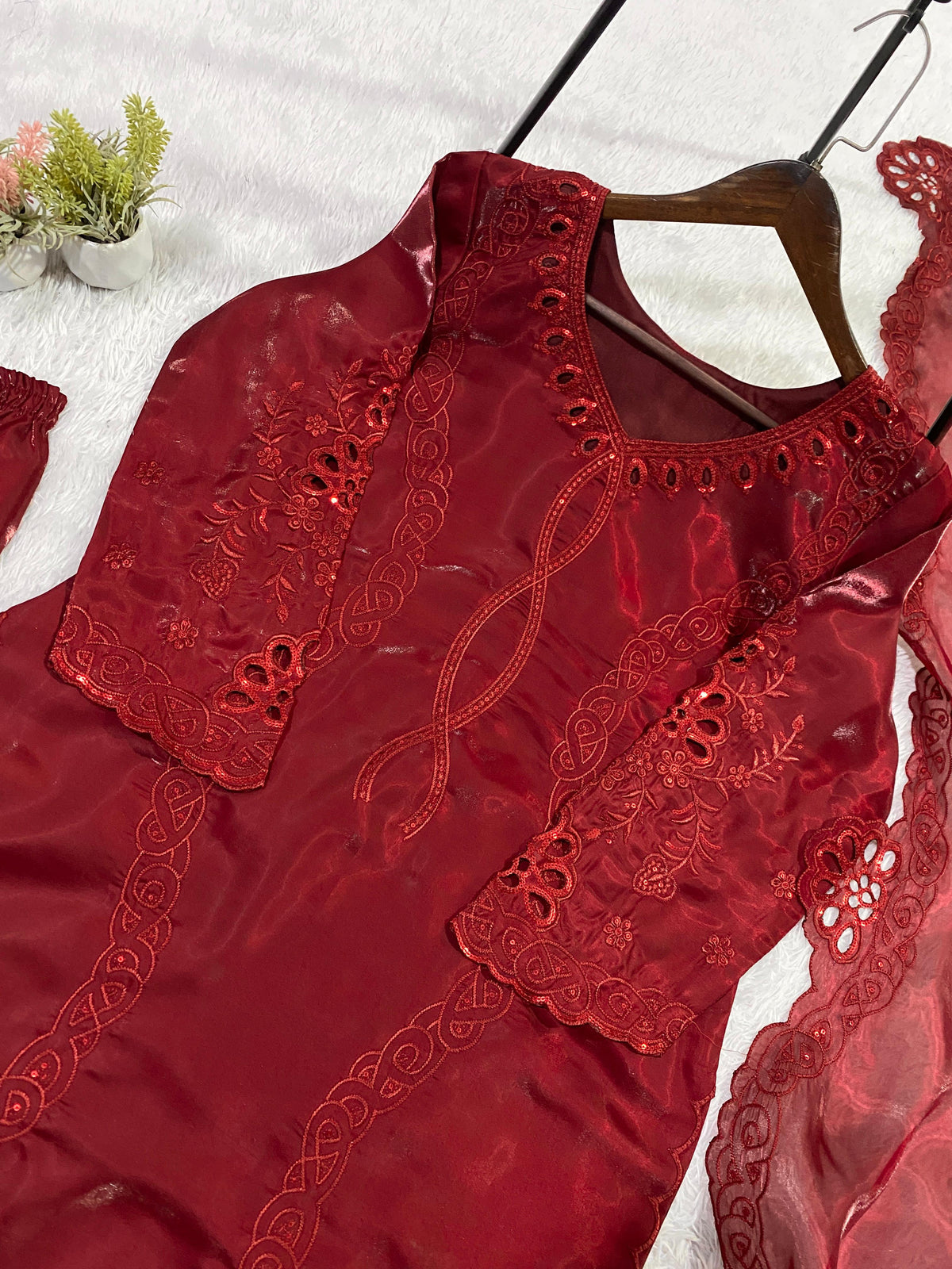 HIS WEDDING SEASON WEAR PAKISTANI SUIT WITH SEQUENCE EMBROIDERED AND CUT WORKED TOP, PLAZZO AND DUPATTA WHOLESALE GEELAN FASHION SURAT