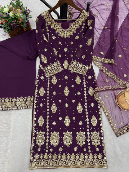 3 PIECE STYLISH KURTI DUPATTA WITH BEAUTIFUL PLAZZO WHOLESALE GEELAN FASHION SURAT
