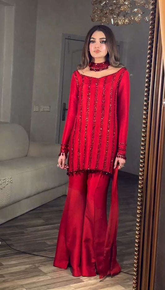 3 PIECES KURTI, PLAZZO & DUPATTA WITH ORIGINAL BEADS CUT DANA WORK WHOLESALE GEELAN FASHION SURAT