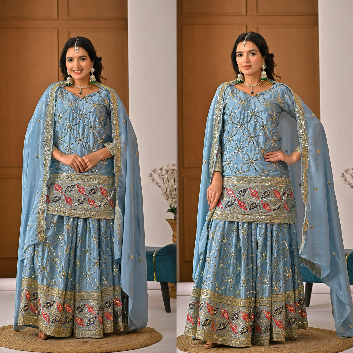 NEW DESIGNER PARTY WEAR LOOK TOP , SHARARA PLAZZO  AND DUPATTA WHOLESALE GEELAN FASHION SURAT