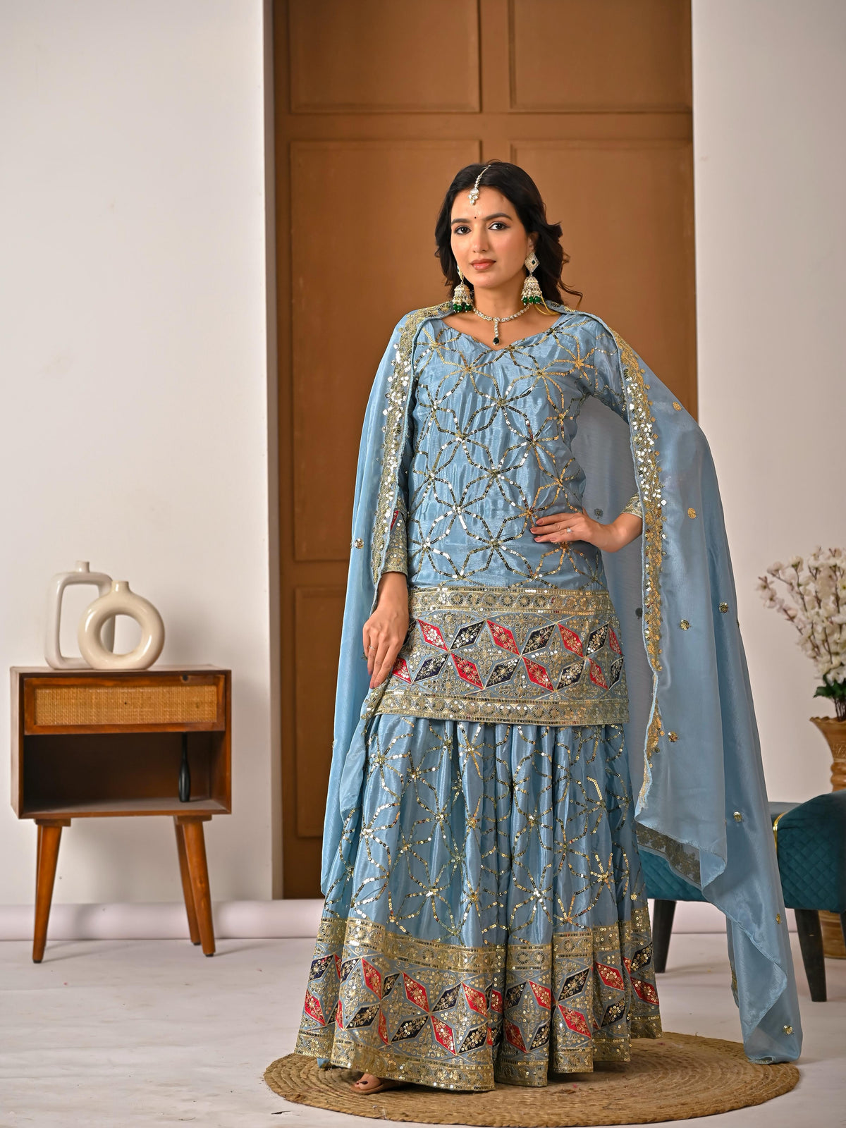 NEW DESIGNER PARTY WEAR LOOK TOP , SHARARA PLAZZO  AND DUPATTA WHOLESALE GEELAN FASHION SURAT