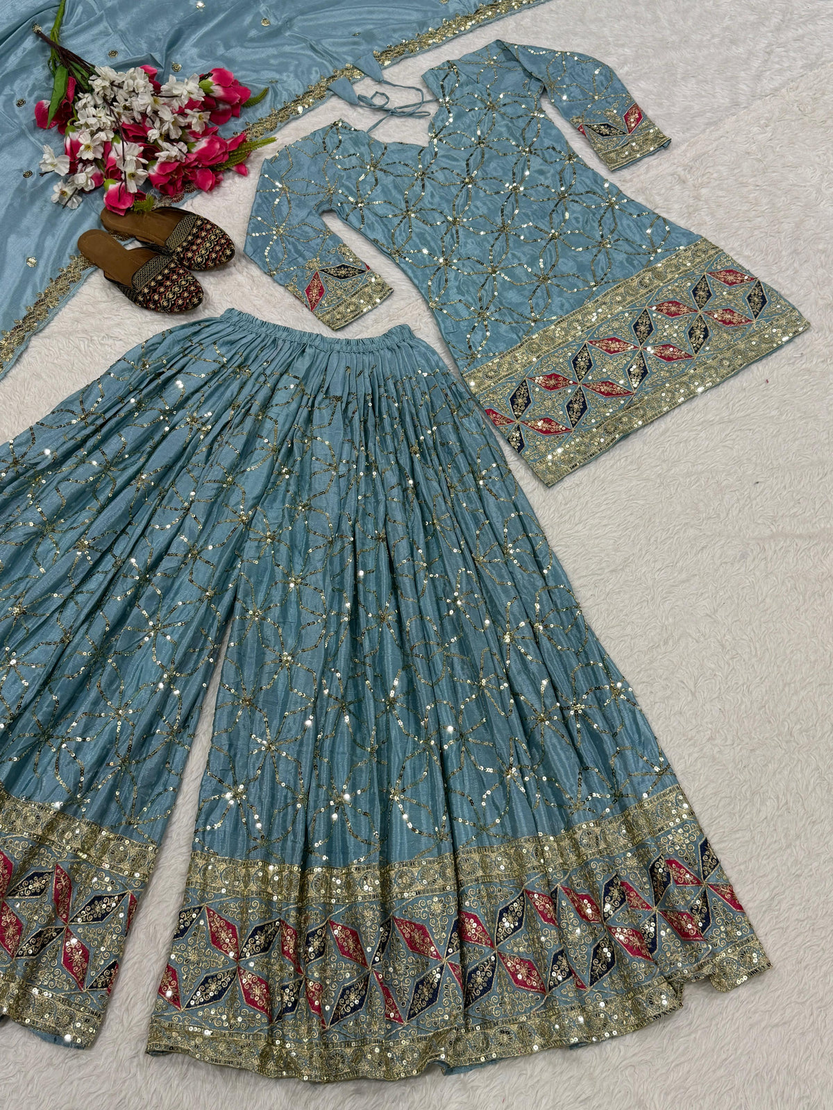 NEW DESIGNER PARTY WEAR LOOK TOP , SHARARA PLAZZO  AND DUPATTA WHOLESALE GEELAN FASHION SURAT