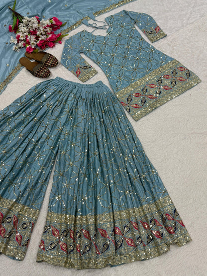 NEW DESIGNER PARTY WEAR LOOK TOP , SHARARA PLAZZO  AND DUPATTA WHOLESALE GEELAN FASHION SURAT