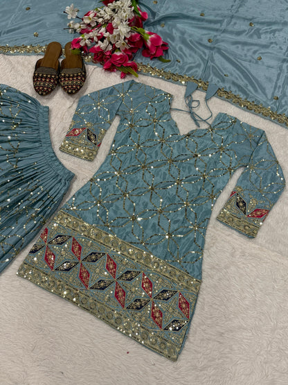 NEW DESIGNER PARTY WEAR LOOK TOP , SHARARA PLAZZO  AND DUPATTA WHOLESALE GEELAN FASHION SURAT