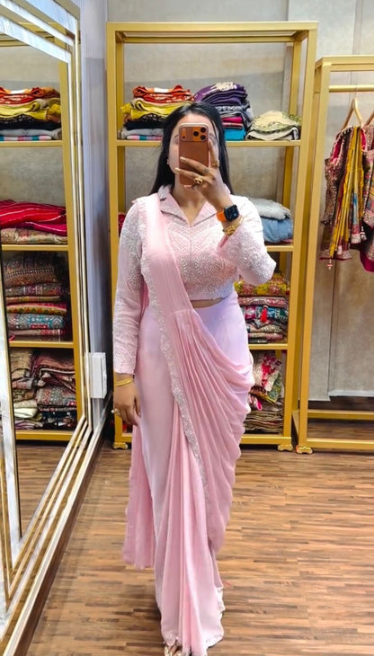 NEW SUPERHIT TRENDING READY TO WEAR SAREE WITH EMBROIDERED STYLIST BLOUSE & ON FAUX GEORGETTE FABRIC WHOLESALE GEELAN FASHION SURAT