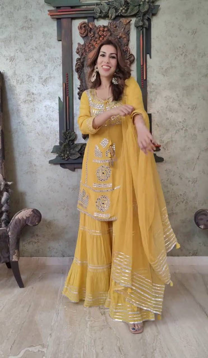 NEW DESIGNER PARTY TOP PALLAZO & DUPATTA SET WHOLESALE GEELAN FASHION SURAT