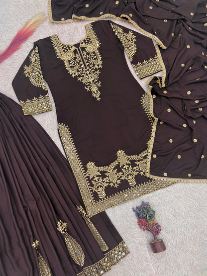 3 PIECE STYLISH TOP, PLAZAA AND DUPATTA WITH BEAUTIFUL EMBROIDERY SEQUENCE WORK WHOLESALE GEELAN FASHION SURAT
