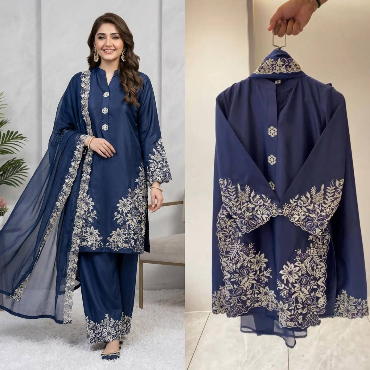 SUMMER SEASON WEAR PAKISTANI SUIT WITH EMBROIDERED WORKED TOP, PLAZZO AND DUPATTA WHOLESALE GEELAN FASHION SURAT